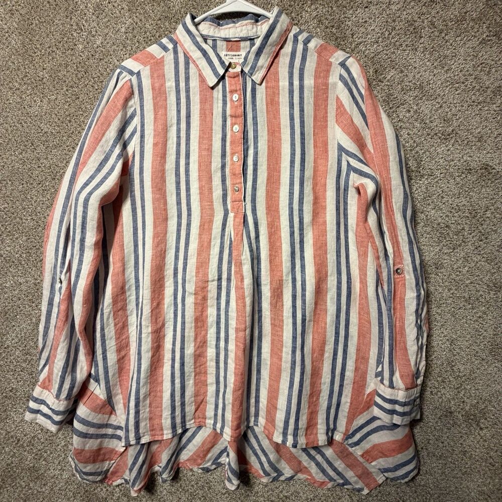100% Linen Hi-Lo Long Sleeve Striped Collared Tunic Peasant Top M By Artisan NY